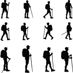 Obraz premium Twelve silhouettes of hikers with backpacks and trekking poles