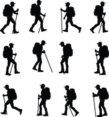 Obraz premium Hiking silhouettes backpackers trekking nature outdoors