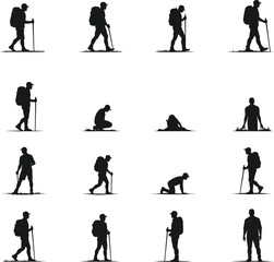 Hiking silhouettes diverse backpackers trekking nature