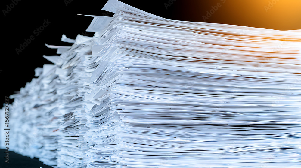 Poster paperwork overflow: a colossal stack of white office papers, representing overwork, bureaucracy, and