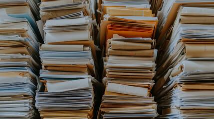 Overwhelming paperwork: Piles of stacked files showcase a busy office, representing bureaucracy, administration, and the challenges of managing information.