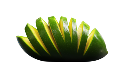 A vibrant green mango expertly sliced into radiant segments awaits to burst with tropical on transparent background