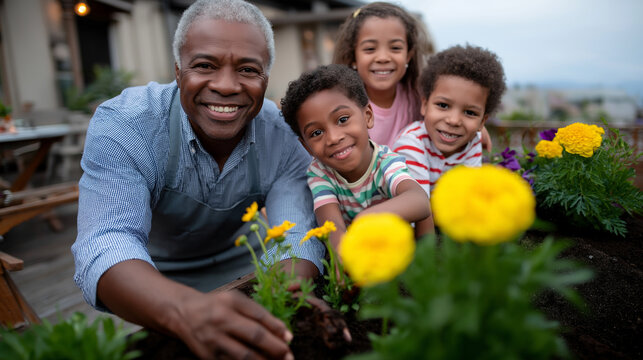 Multicultural Grandparents and Kids Gardening Together in Backyard