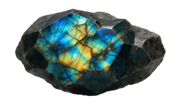 Labradorite crystal with rough facets and a rainbow-like play of colors