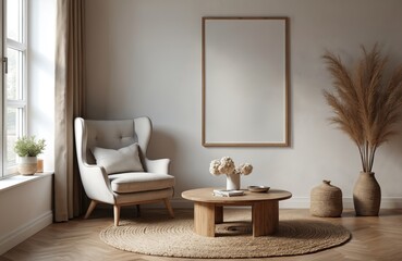 Cozy Scandinavian living room interior design. Wing chair, rustic wooden coffee table, frames on wall. Hygge home decor. Modern apartment aesthetic. Minimalist design, light and airy.