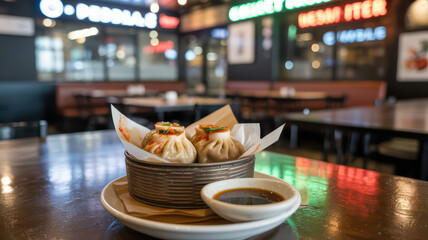 Spicy kimchi-filled dumplings in a small steamer basket, served with sesame-soy dipping sauce.