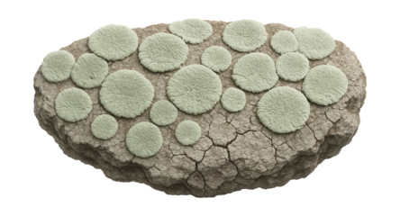 Lichen colony on rock with circular, pale green patches and cracked surface