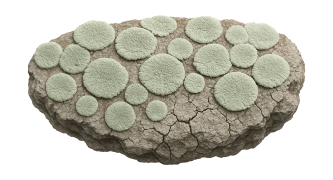 Lichen colony on rock with circular, pale green patches and cracked surface