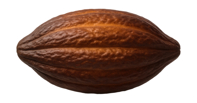 Ripe cacao pod with rough, ribbed surface and longitudinal groove
