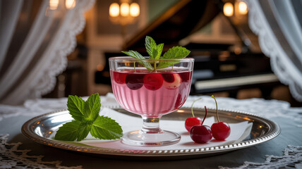 Elegant cherry jelly dessert with fresh cherries and mint, served on a silver tray in a classic room.
