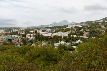 Landscape view from the observation deck of Pyatigorsk on cloudy autumn day. Clouds over the city