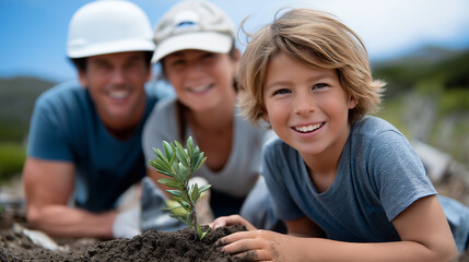 A joyful family planting a young tree for Earth Day