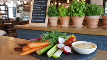 Fresh, colorful vegetable sticks and dip on a slate board, a healthy snack on a cafe counter.
