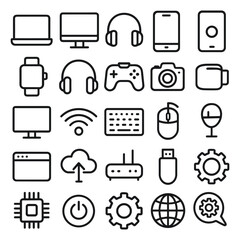 Modern Tech and Media Device Icons – Minimalist Line Art Vector Set
