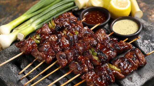 Delicious grilled beef skewers recipe with dipping sauces and fresh green onions food shot - Powered by Adobe