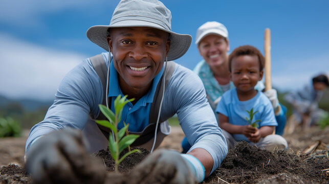 A joyful family planting a young tree on Earth Day