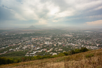 Landscape view from Mount Mashuk to the city Pyatigorsk and the Caucasus Mountains