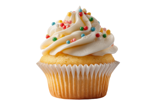 PNG Vanilla cupcake with colorful sprinkles and whipped frosting on black background