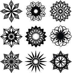 Obraz premium Nine black and white floral silhouettes mandala designs