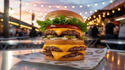 Giant double cheeseburger with fresh toppings at an outdoor eatery under festive evening lights.
