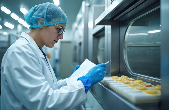 Female lab worker examines products quality control in pharmaceutical factory. Woman scientist wearing protection uniform checks medical products, vaccine production in clean room. Healthcare,