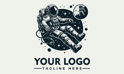Astronaut floating in space, vintage style logo design.