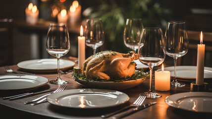 A beautifully roasted chicken centerpiece on an elegantly set dinner table with candles.
