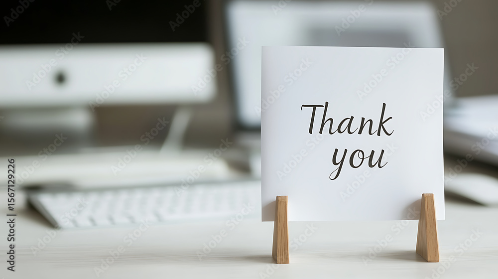 Poster thank you card on a desk with a computer. expressing gratitude in the workplace with a simple and el