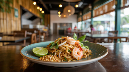 A vibrant plate of Pad Thai with fresh shrimp and lime in a modern Thai restaurant.
