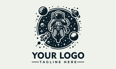 An astronaut floats in space surrounded by planets, stars, and a rocket, all within a circular design.