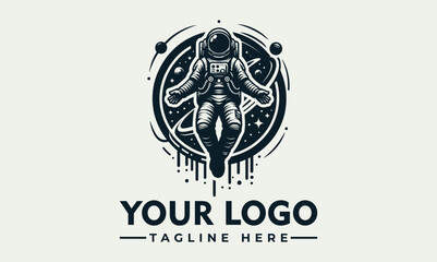 Illustration of an astronaut floating in space, surrounded by stars and cosmic elements, with space for a logo and tagline.
