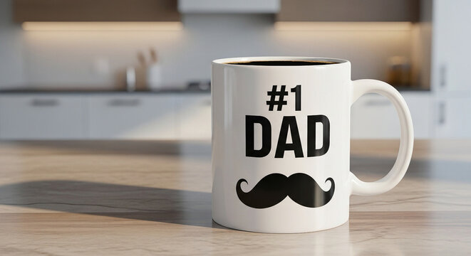 Caneca branca com frase  &ldquo;#1 DAD&rdquo; em destaque e bigode ic&ocirc;nico na parte inferior. Imagem gerada por IA.