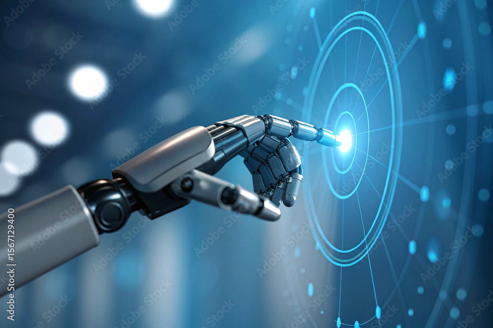 Poster robotic hand touching digital interface showcases artificial intelligence integration and futuristic