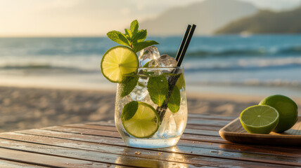 A refreshing mojito cocktail with lime and mint on a wooden table at the beach during sunset.

