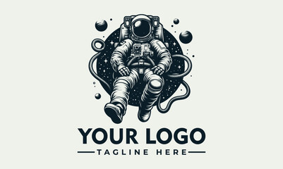 Illustration of an astronaut floating in space, surrounded by stars and cosmic elements, with space for a logo and tagline.