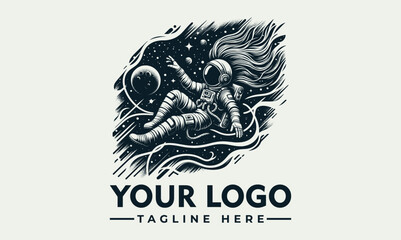 Astronaut adrift in space, a stylized logo design with cosmic elements.