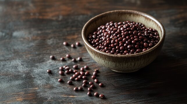 Red adzuki beans in a bowl on wooden table close up healthy food ingredient photography