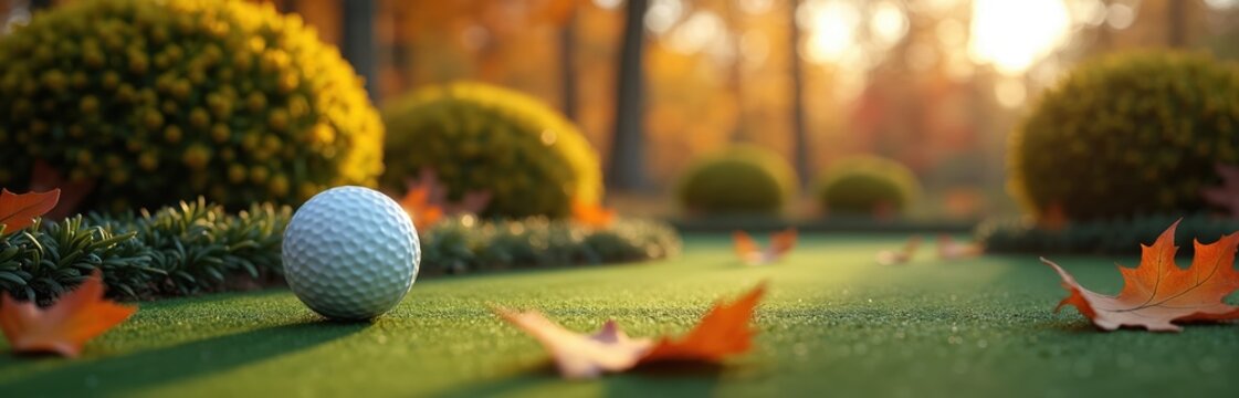 Golf ball on mini golf course during autumn season. Fall colors leaves on green grass with sunlight. Golf ball game, hobby, recreation, competition. Autumn sport fun, peaceful scene.