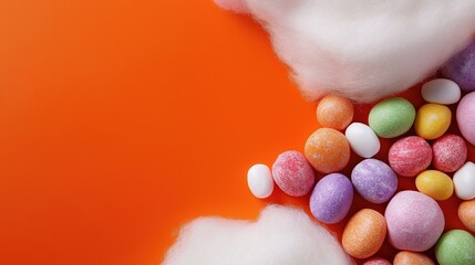 Colorful easter eggs on orange background with cotton clouds