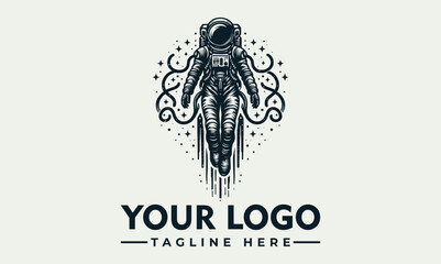 Vintage-style logo featuring a space suit astronaut soaring amidst cosmic elements.