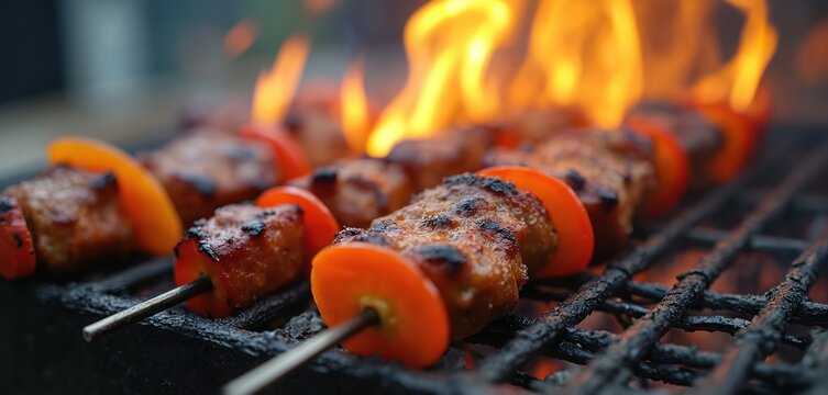 Grilled meat skewers with red, yellow vegetable rings on barbecue. Flames create appetizing image for National Street Food Day, BBQ, party at the outdoor food stall. Fresh hot food, tasty meal.
