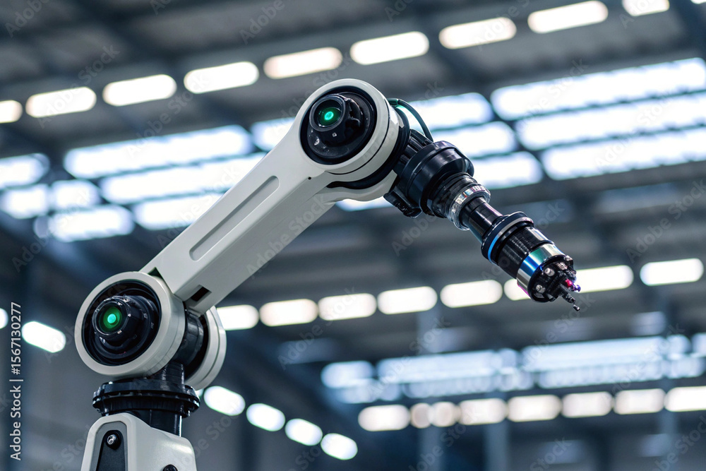 Poster robotic arm demonstrates precision movement within a modern factory, showcasing innovation and autom