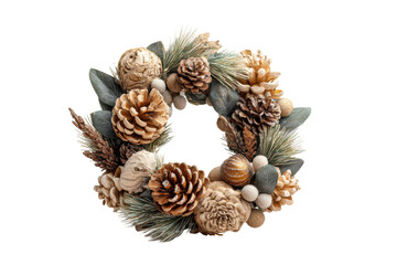 PNG Rustic holiday wreath with pinecones and greenery on black background