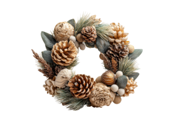 PNG Rustic holiday wreath with pinecones and greenery on black background