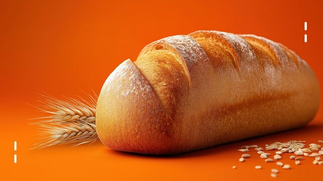Freshly baked loaf of bread with wheat on vibrant orange background