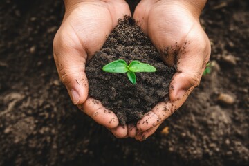 Hands holding soil with seedling plant growth agriculture and care for new life concept