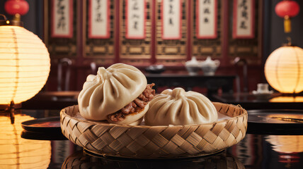 Traditional steamed bao buns, some filled with meat, served in a wicker basket in a classic Chinese interior.
