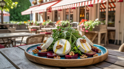 Fresh goat cheese and beetroot salad with walnuts and arugula on a wooden plate at an outdoor cafe on a sunny day.
