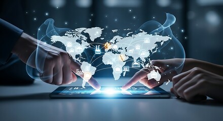 Supply chain management concept. Businessman views a holographic world map with logistics routes, symbolizing global trade, distribution, and SCM.