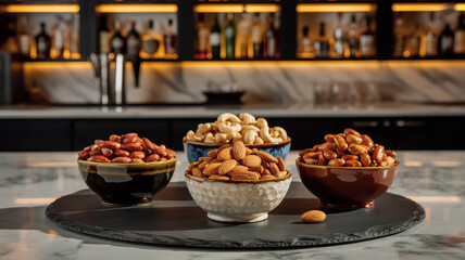 Assorted bowls of healthy nuts like almonds and cashews on a slate board at a modern bar.
